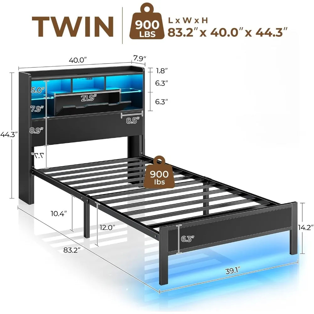Twin Bed Frame with Charging Station, LED Bed with Bookcase Storage Headboard, Metal Platform Bed with Glass Shelves, No Box