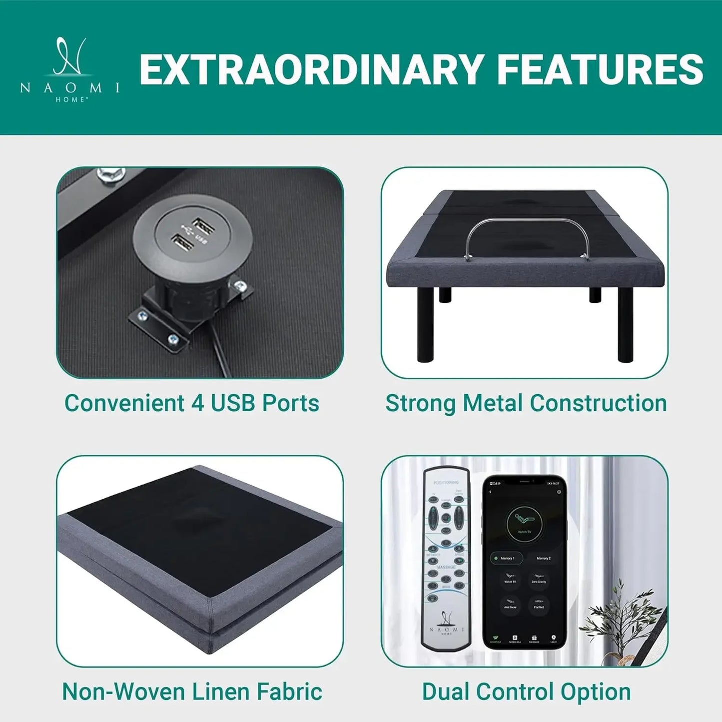 adjustable bed frame twin with Lumbar Support & Head Tilt, Foot Incline, Back & Leg Massage, USB Ports, Massage