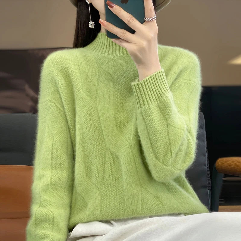 Women's pullovers fall/winter high-quality soft 100% merino wool sweater with half high neck and thick cashmere sweater top