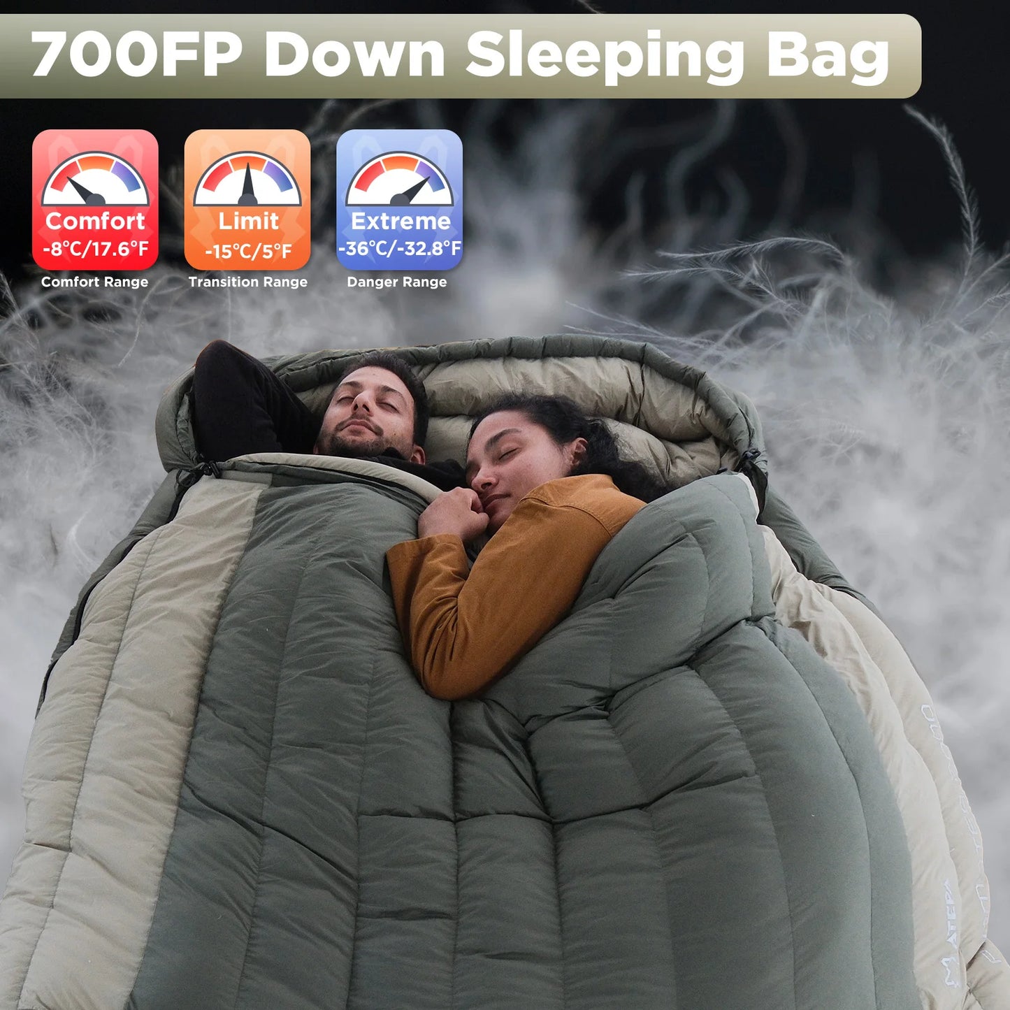 ATEPA Double down sleeping bag, backpack couple family camping, high quality white duck down 90%, warm and widened