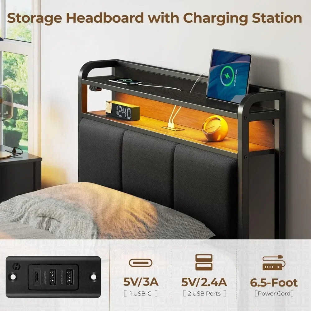 Bed Frame Twin Size with Bookcase Storage Headboard, Slide Out Bedside Storage, Bed with Charging Station & LED Lights