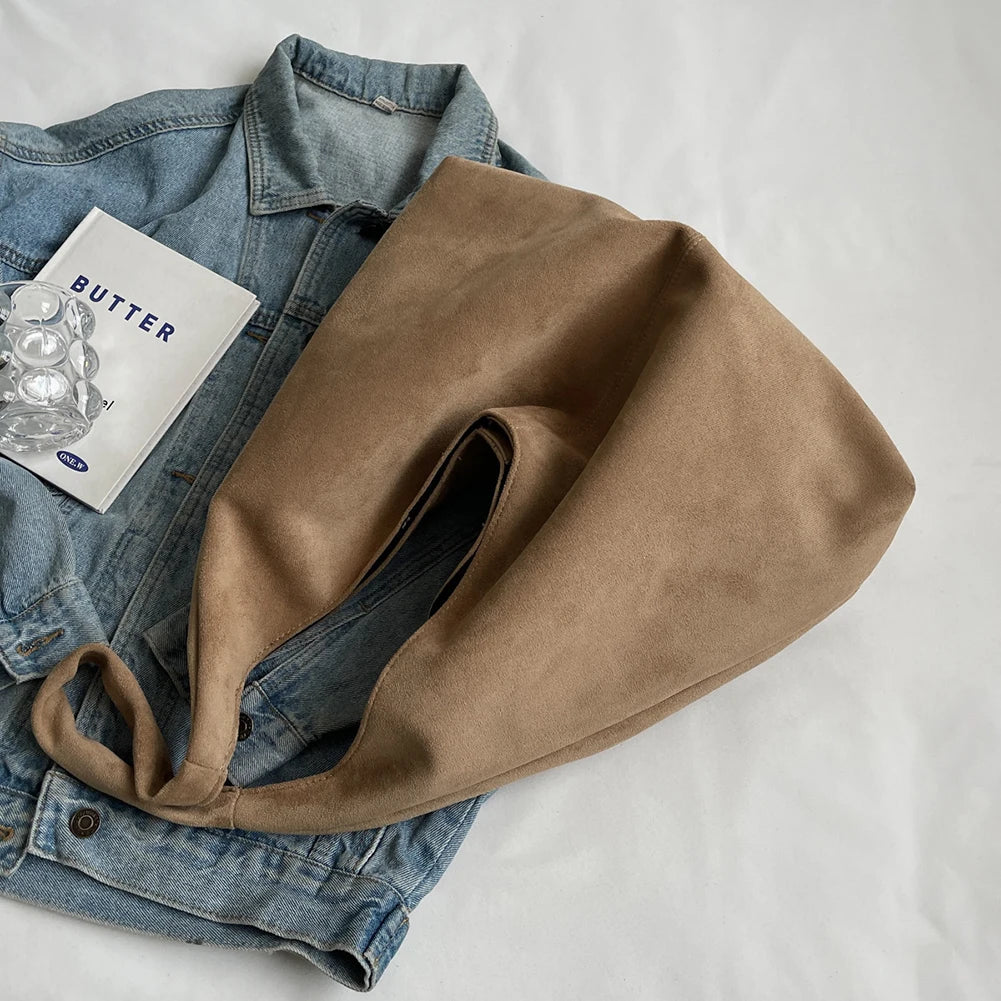 Women Suede Shoulder Bag with Pocket Underarm Bag Trendy Hobo Bag Slouchy Bag for Work Travel Shopping