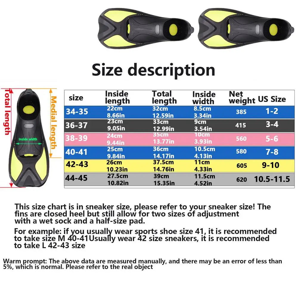 Snorkel Fins Swimming Flippers Diving Fins Adult Short Snorkel Swim Fins Full Foot Swim Flippers Travel Size for Snorkeling