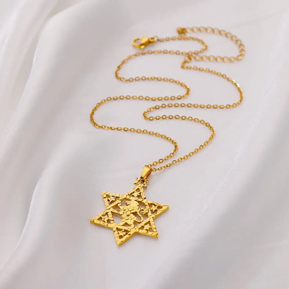 Lion Star of David Necklaces For Women Men Gold Color Stainless Steel Pendant Necklace Male Female Neck Chain Jewelry
