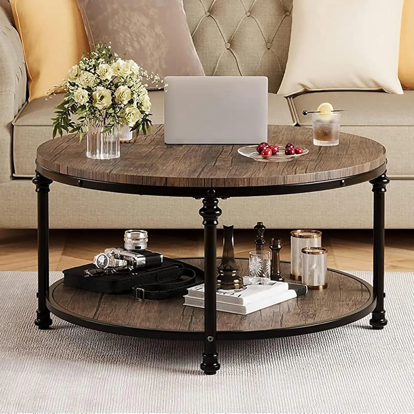 Round Coffee Table for Living Room Rustic Center Table with Storage Shelf Wood Circle Coffee Table , Easy Assembly