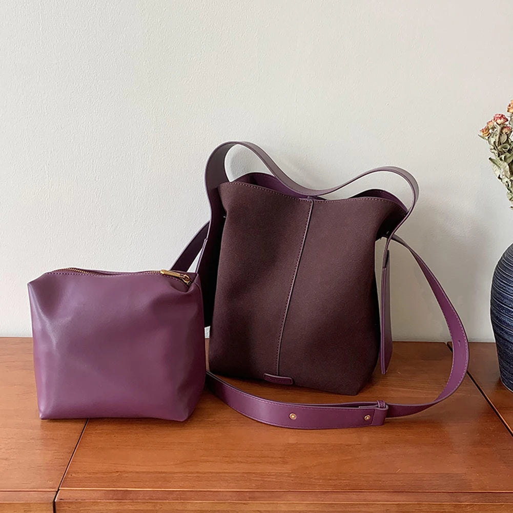 Bucket Bag for Women Men Adjustable Strap Crossbody Bag Suede Solid Color Large Tote Bag Trendy Handbag Work Travel Bag