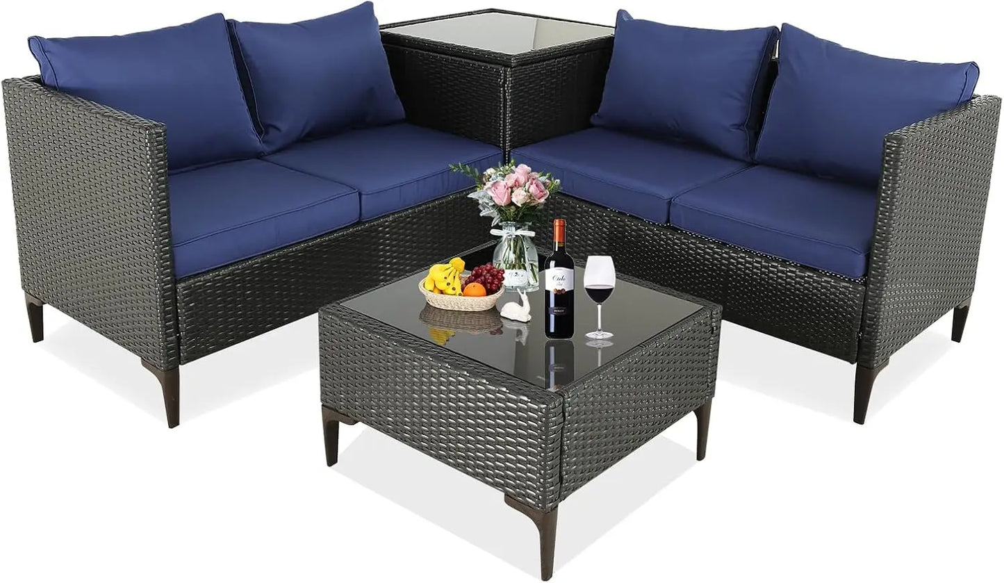 Outdoor Courtyard Furniture Set, Willow Sofa with Cushions and Coffee Table, Garden Outdoor Sofa Set, 4 Pcs