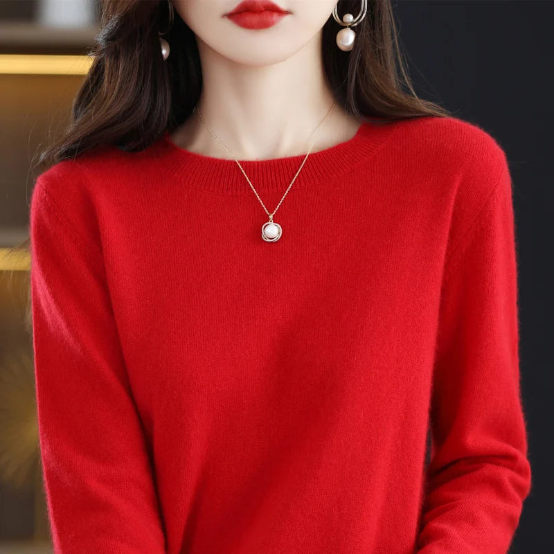 100% pure wool cashmere sweater women's O-neck pullover casual knit top autumn and winter women's coat Korean fashion