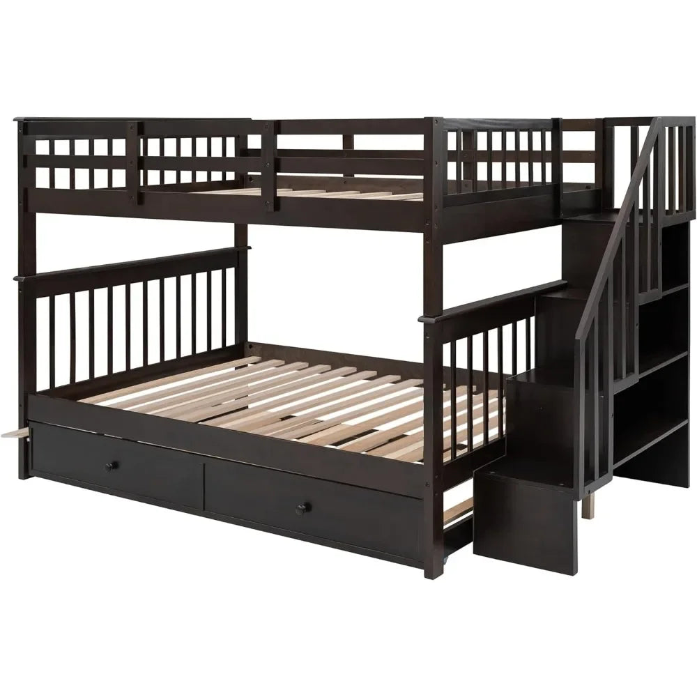Full Over Full Bunk Bed with Trundle & Stairs, Wooden Full Size Bunk Bed Frame with Storage,for Kids Teens Adults