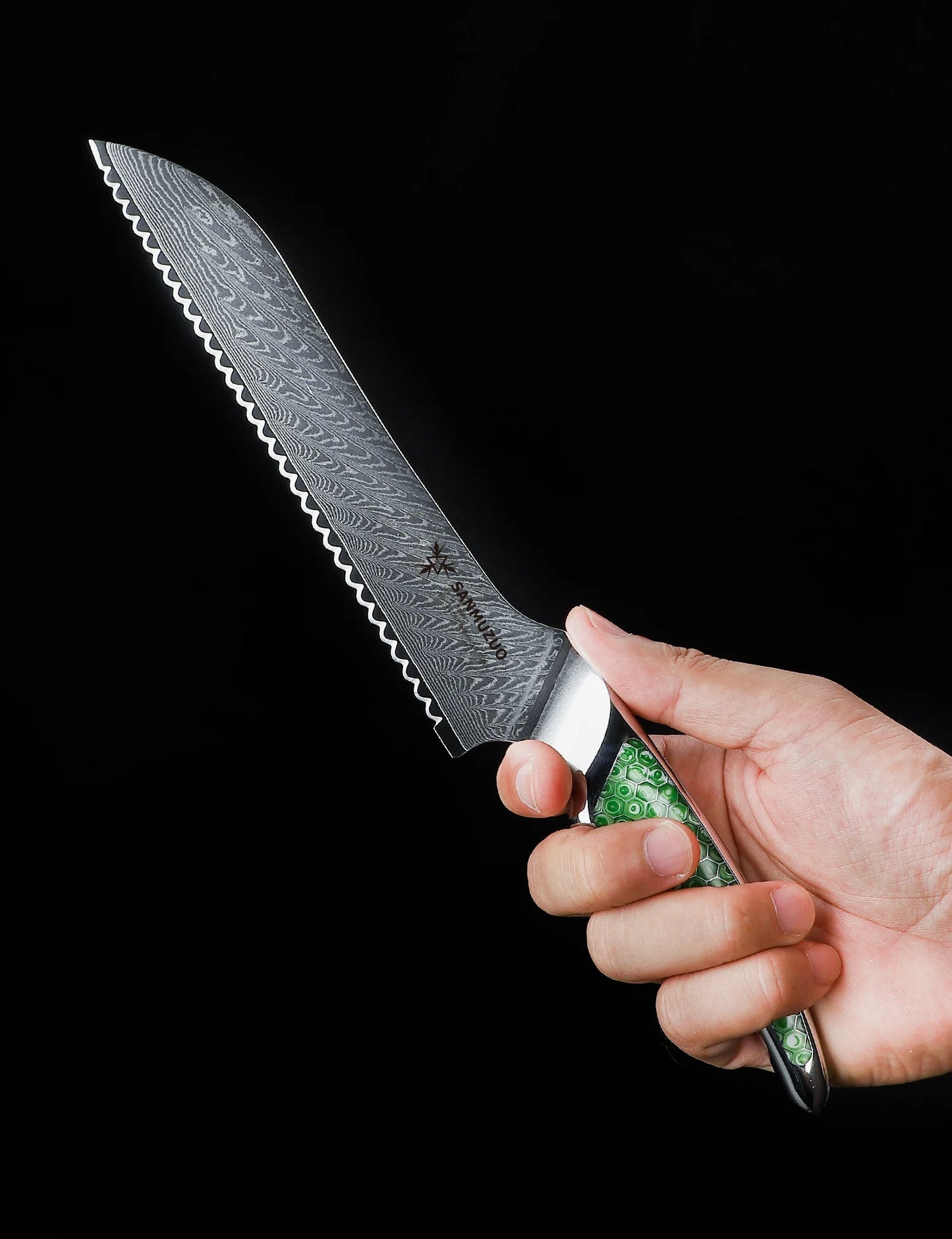 SANMUZUO 8 inch Serrated Bread Knife, Japanese VG-10 Damascus Steel Kitchen Knife, Resin Handle, LA-S9 Series
