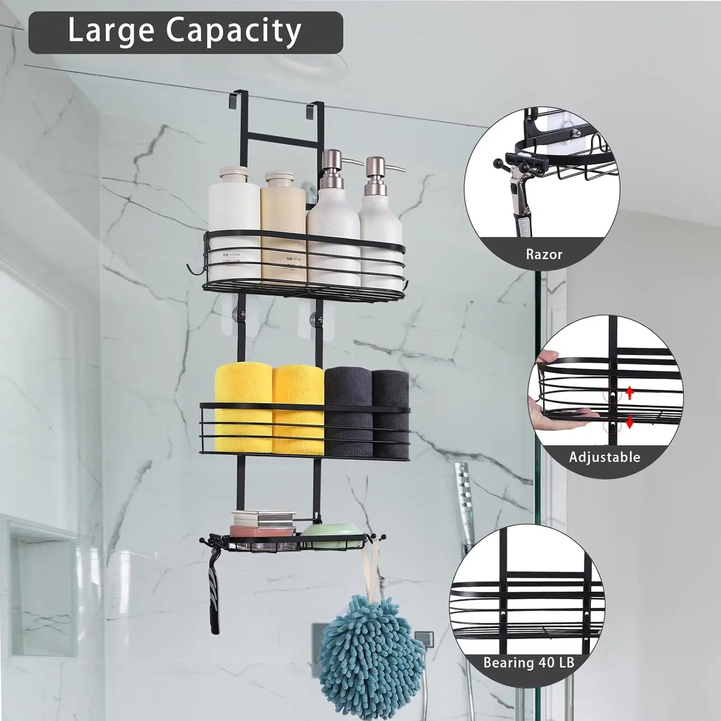 Bathroom hanging shower rack, shower storage rack with 4 hooks, rust proof and waterproof shower storage rack