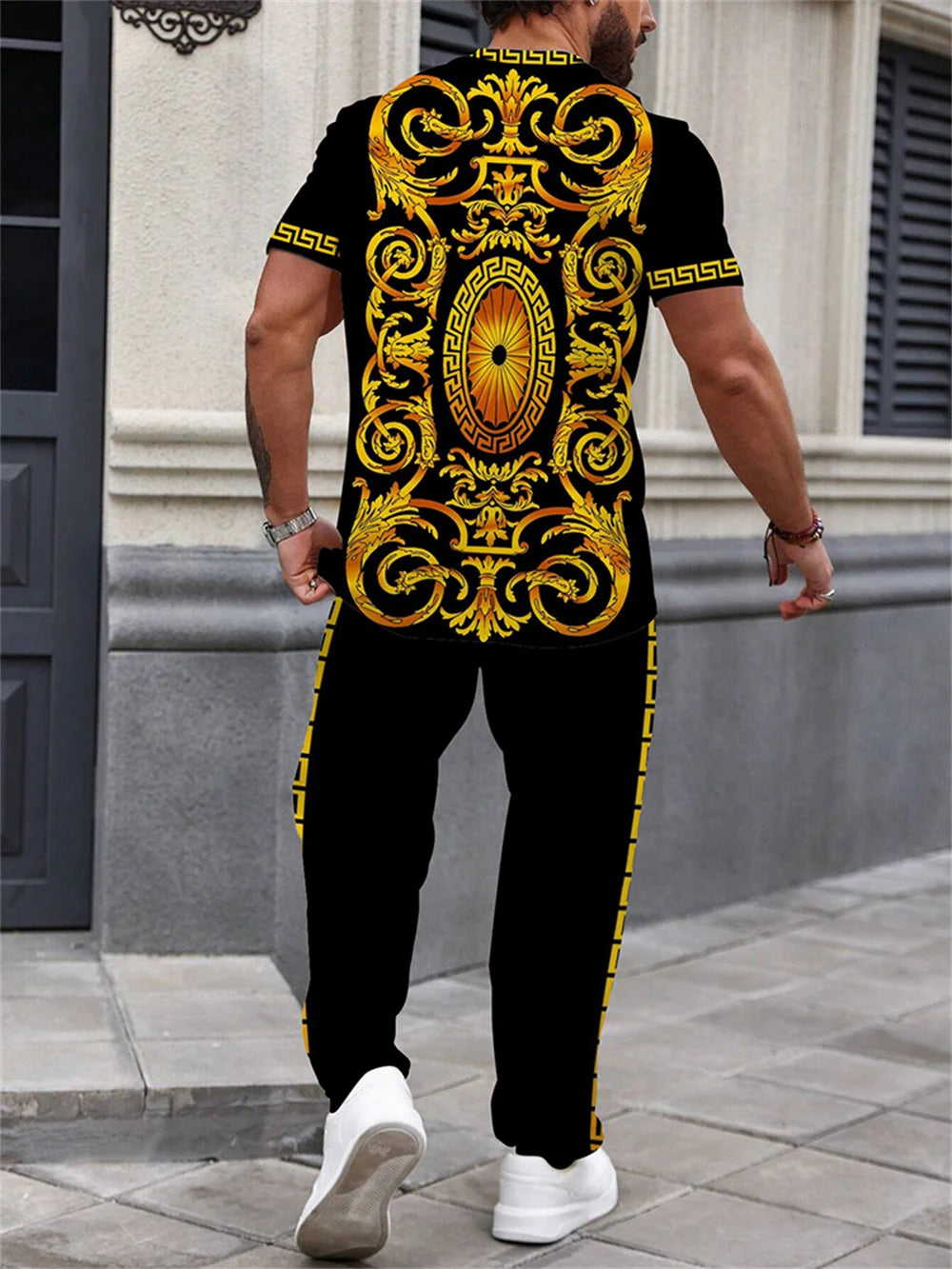 Summer Men's Short Sleeve And Trousers Lion Print Luxury Retro Casual Style Men's Suit Trend Pants And Short Sleeve 2 Piece Set