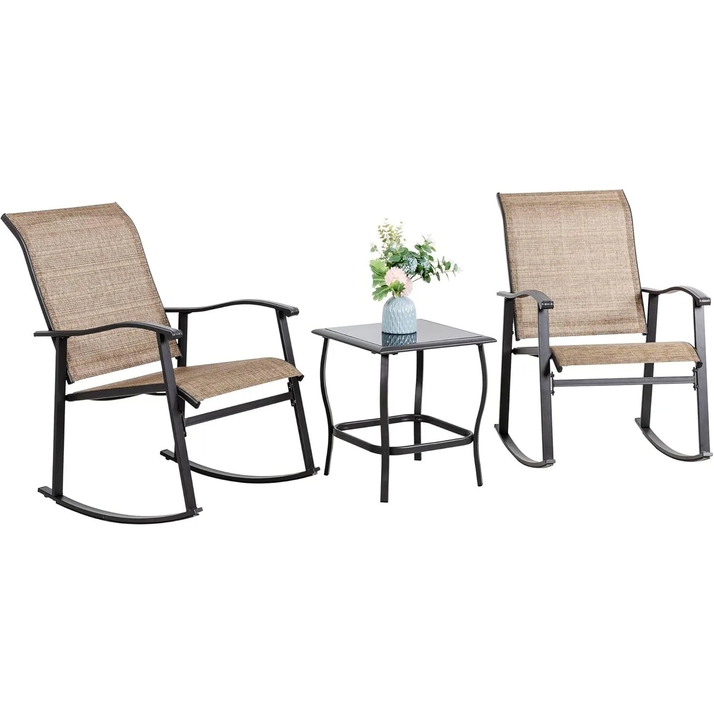 3 Piece Outdoor Rocking Bistro Set,Textilene Fabric Small Patio Furniture Set,Front Porch Rocker Chairs Conversation Set (Brown)