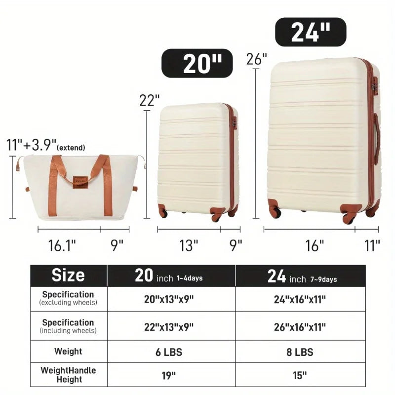 Hard shell suitcase Set 2 + bags Rotating suitcase with TSA lock lightweight 20 "+ 24"