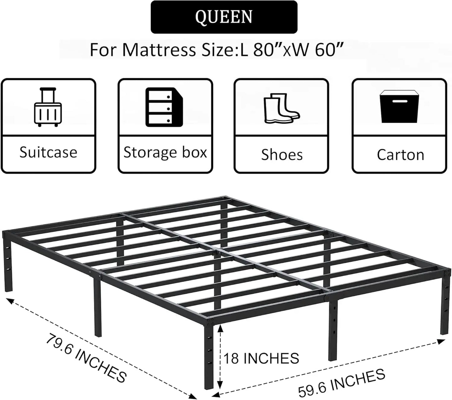 18 Inch Metal Bed Frame Queen Size - Black Basic Steel Slats Platform,  Heavy Duty Noise Free Bedframes, No Box Spring Needed