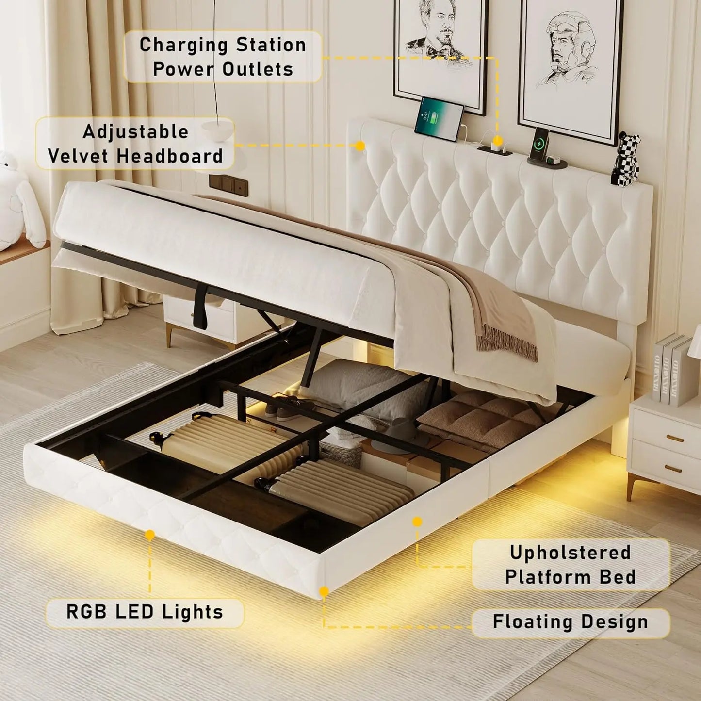 Lift Up Storage Bed Frame Queen Size Floating Bed Frame With Adjustable Headboard/Led Lights/Charging Station/Outlet,Velvet