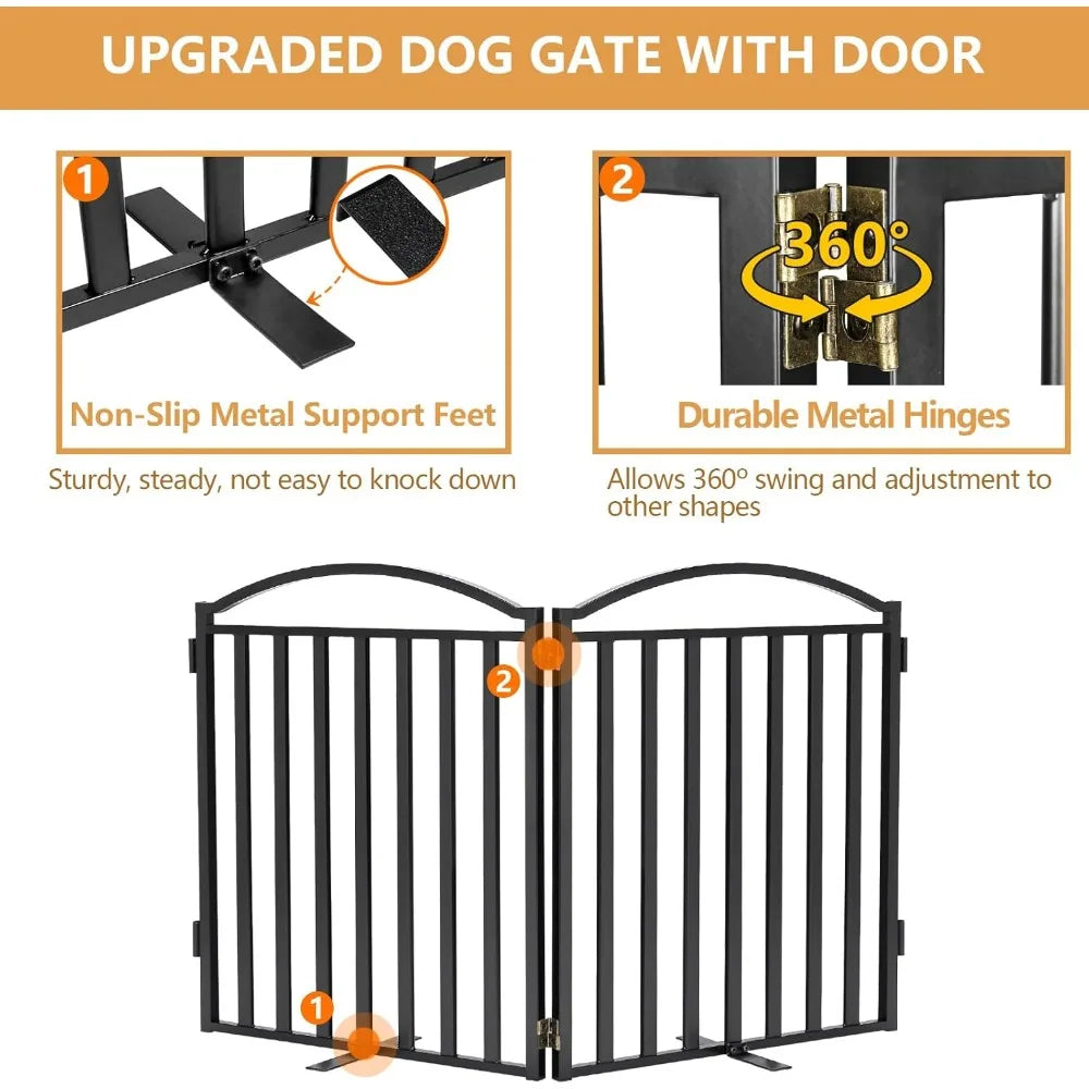 Metal Freestanding Dog Gate with Door, 32'' Height 2 Panels Dog Gate for House, Extra Wide Foldable Indoor Dog Fence Pupp