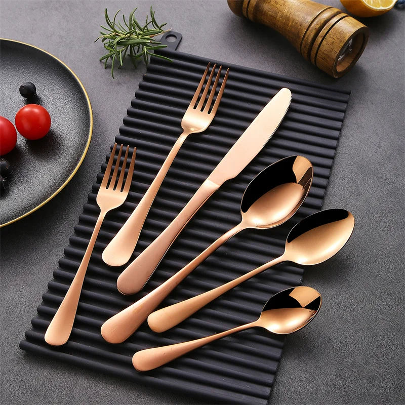 Western Rose Gold Cutlery Set Stainless Steel Steak Knife Serving Fork Spoon Cake Shovel Dinnerware Set 	 Utensils for Kitchen