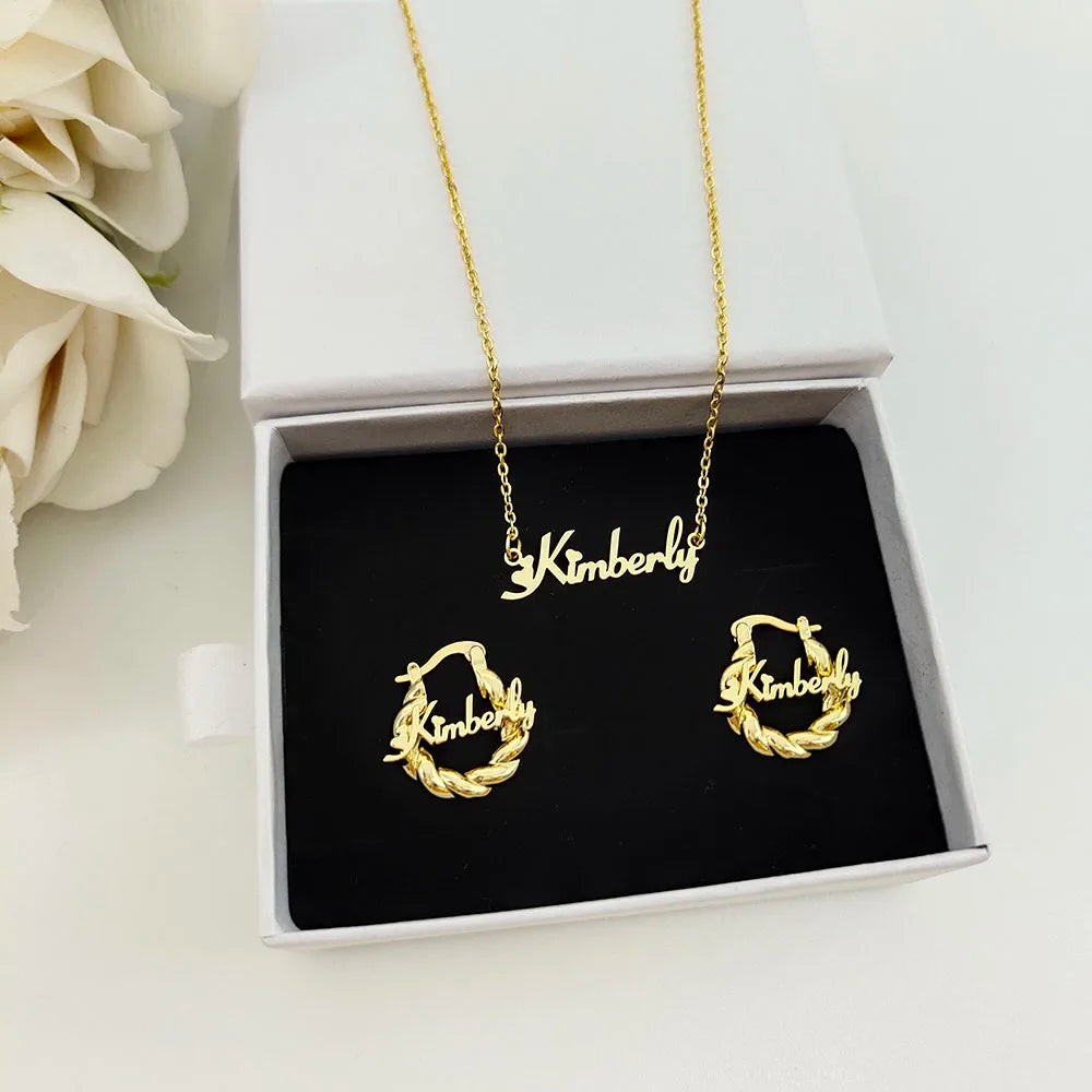 DODOAI Custom Name Jewelry Sets Stainless Steel Letter Jewelry Nameplate Necklace/Bracelet/Earring with Twisted Hoop 3 Piece Set
