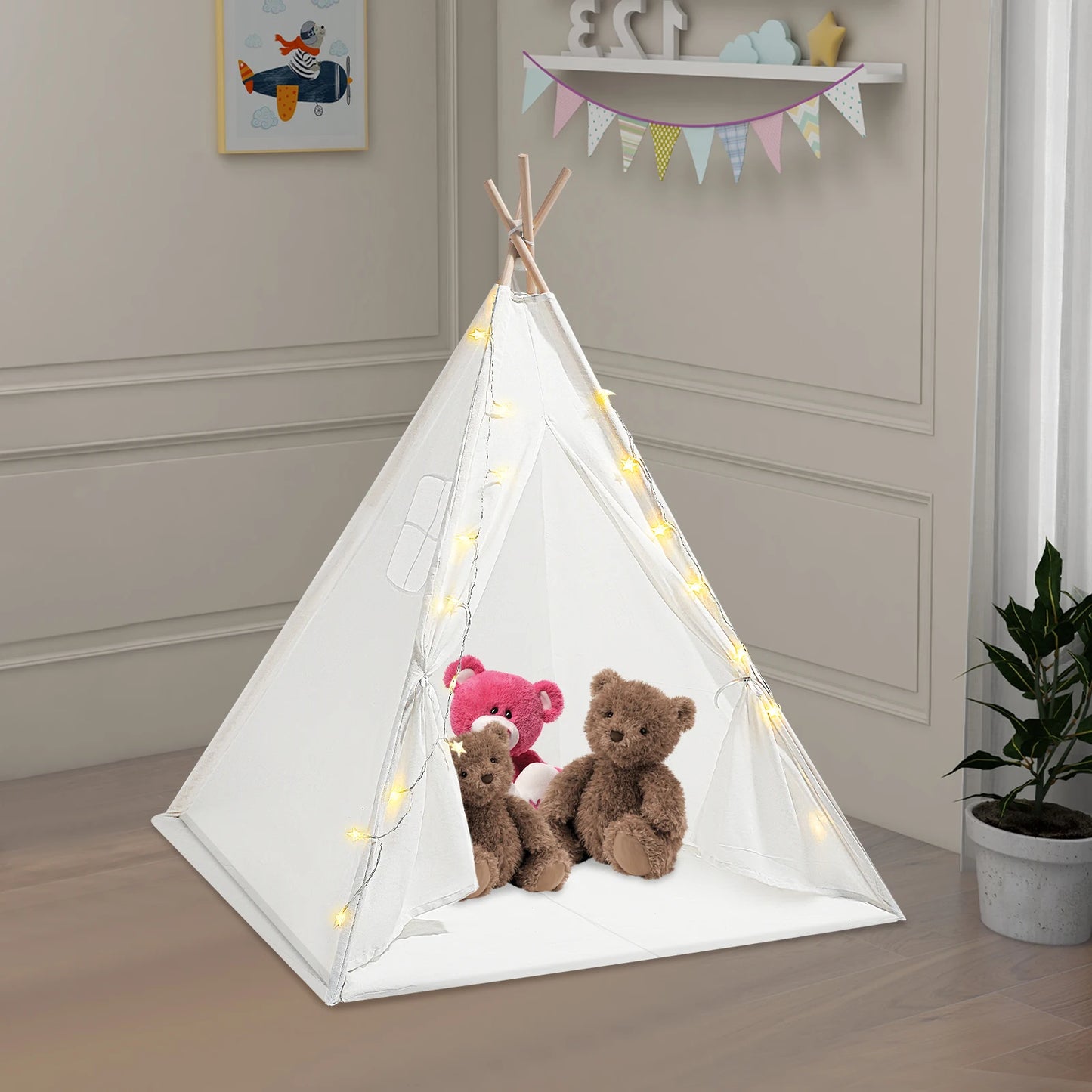 Teepee Tent for Kids Cotton Play Tent with Padded Mat and Lights String Foldable Tent with Carry Bag