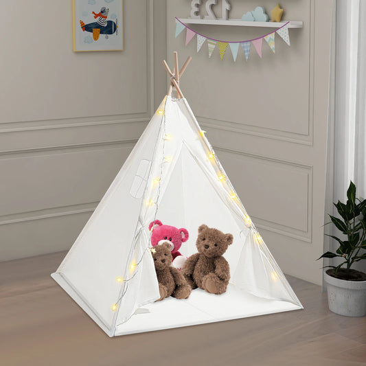 Teepee Tent for Kids Cotton Play Tent with Padded Mat and Lights String Foldable Tent with Carry Bag