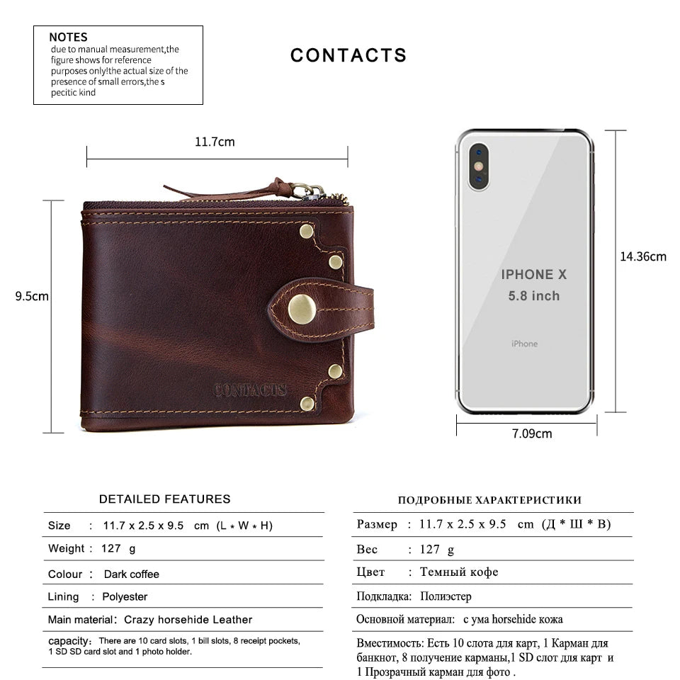 CONTACT'S Genuine Cowhide Leather Men Wallet Short Coin Purse Small Retro Compact Wallets  High Quality Multi-functional Luxury