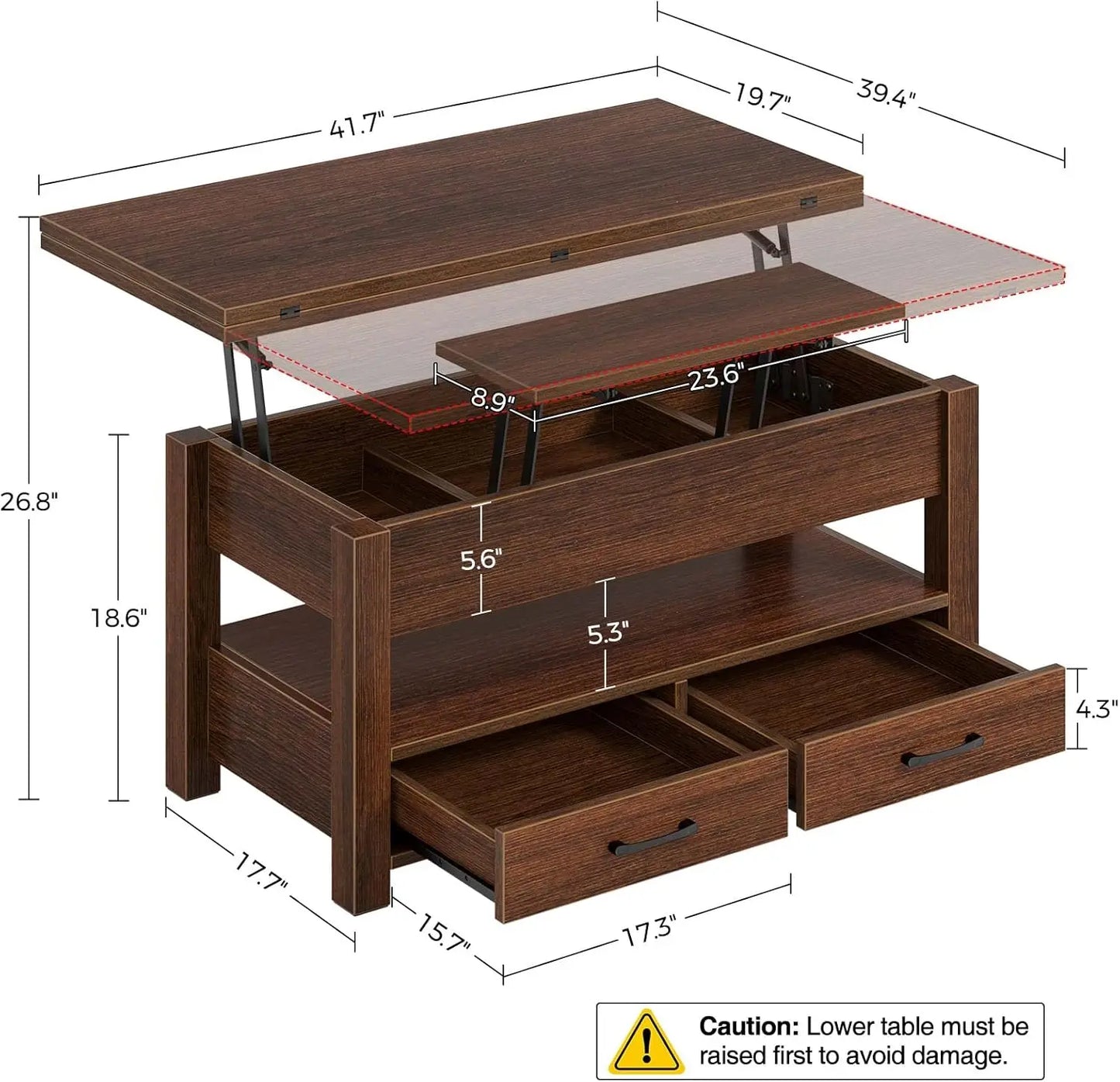 Coffee Table Lift Top, Multi-Function Convertible Coffee Table with Drawers and Hidden Compartment, Coffee Table Converts to Din