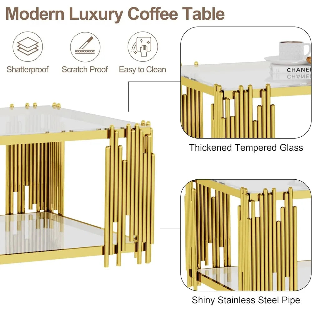 Glass Coffee Table Modern Living Room Table Gold Stainless Steel Metal Leg 51" Rectangular Clear Tempered