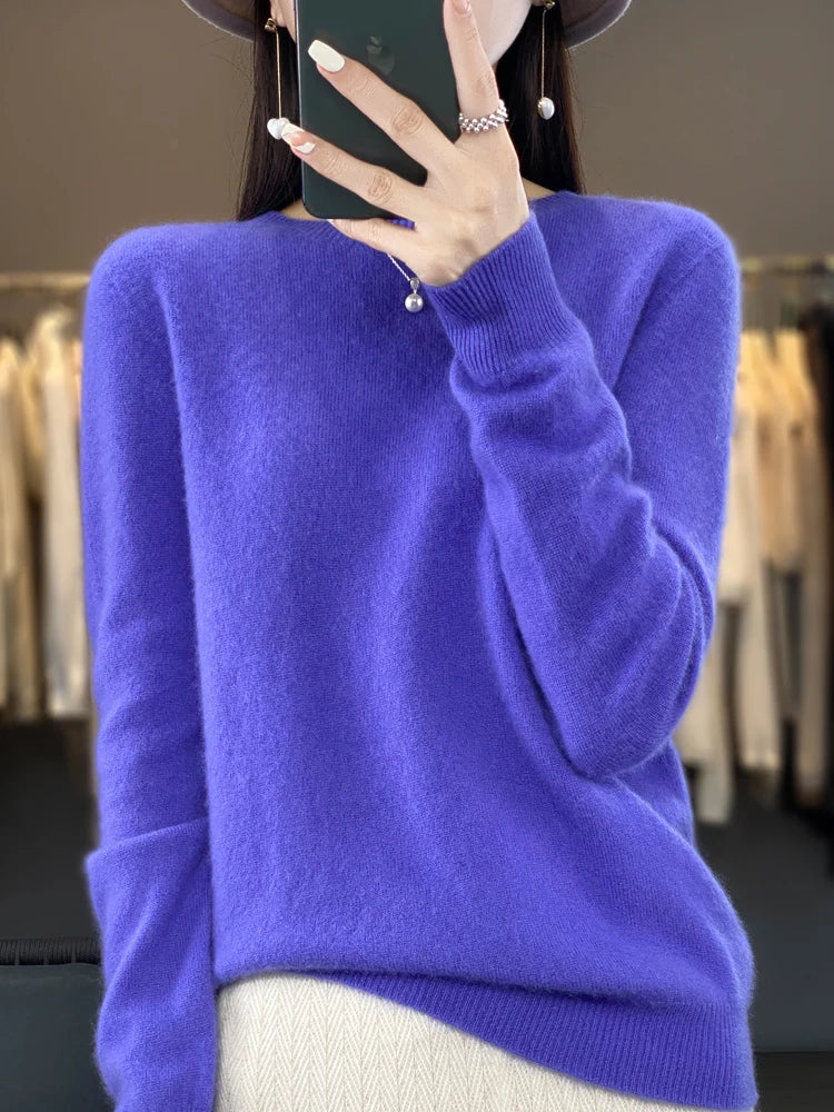 Women 100% Pure Merino Wool Knitted Sweater Autumn Winter Fashion O-Neck Pullover Seamless Jumper Tops Cashmere Warm Clothes
