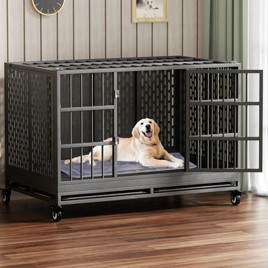 42/38 Inch Heavy Duty Dog Crate with Wheels, Folding Metal Big Dog Cage for Large and Medium Dogs, Indestructible Dog Crate