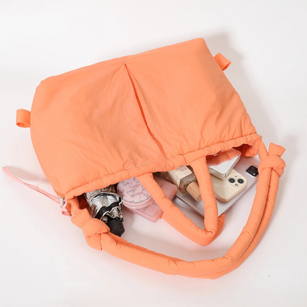 Puffer Tote Bag for Women Adjustable Strap Shoulder Bag Nylon Solid Crossbody Bag Large Puffy Purse for Shopping Travel