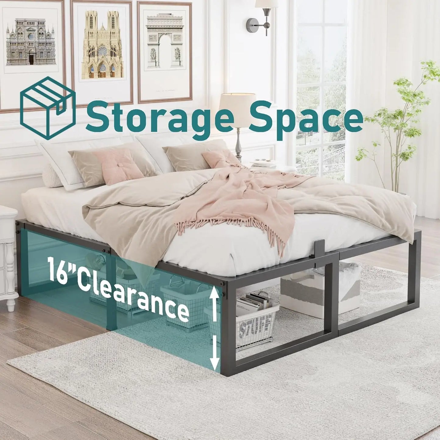 18 Inch Queen Bed Frame,3500 lbs Heavy Duty Metal Platform, Steel Slats Support/No Box Spring Needed/Noise Free/Non-Slip/Easy