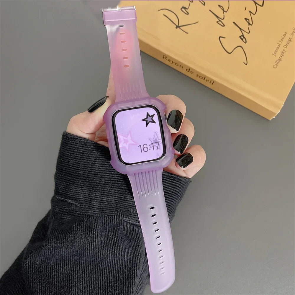 Stripe Sport Matte Band + Case For  Watch 44 45 49 42mm 40/38 For iWatch 7 8 6 5 SE 41 Silicone Women Clear Bracelet Strap