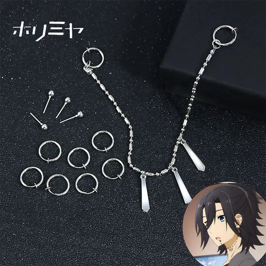 Anime Horimiya Miyamura Izumi Earrings Lip Piercing Chain Set Stainless Steel Punk Jewelry Cosplay Costume Props For Men Women