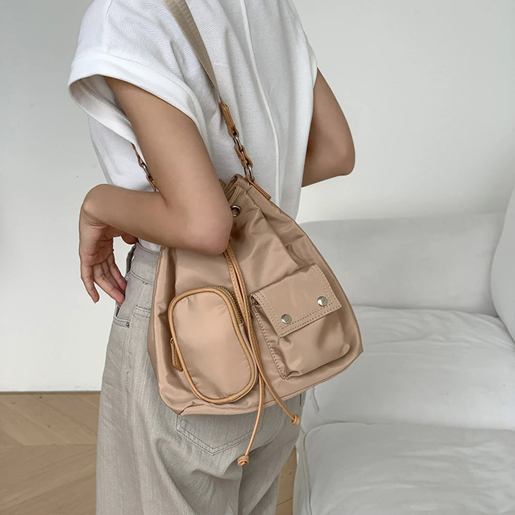 Women Crossbody Bag Drawstring Nylon Ladies Bucket Bag Fashion Temperament Large Capacity Wear-resistant Travel Shoulder Bags