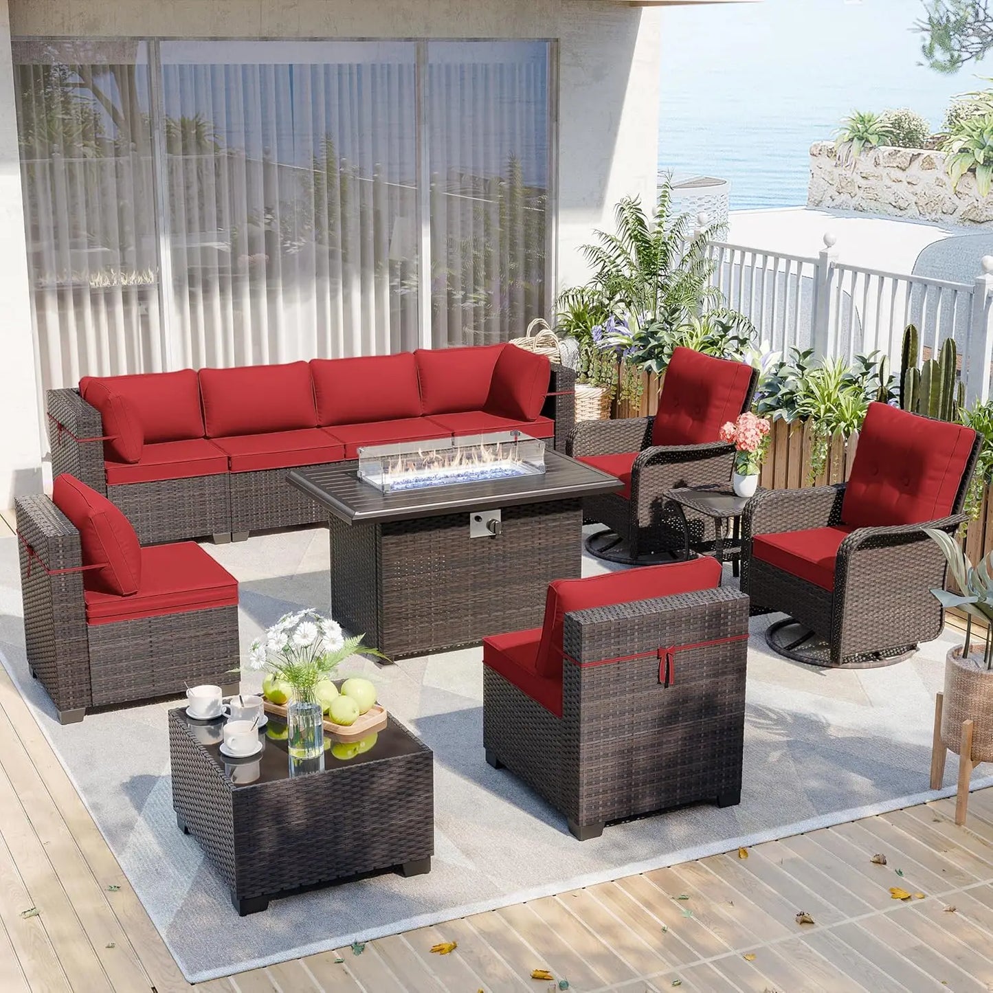Patio Furniture Modularwith Swivel Chairs Outdoor Sectional Wicker Rattan w/Fire Pit Conversation Sofa Set for Backyard