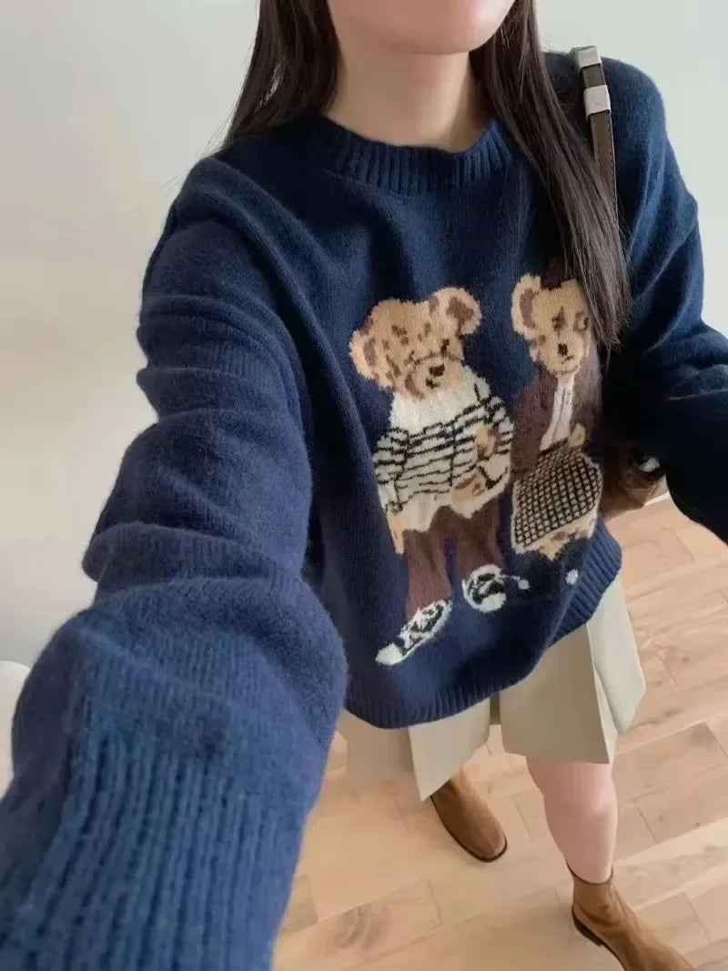 High Quality Embroidery POLO Neck Sweaters Korean Sweet Cute Bear Cartoon Jumper Pullover Winter Fashion Women Loose Casual Tops