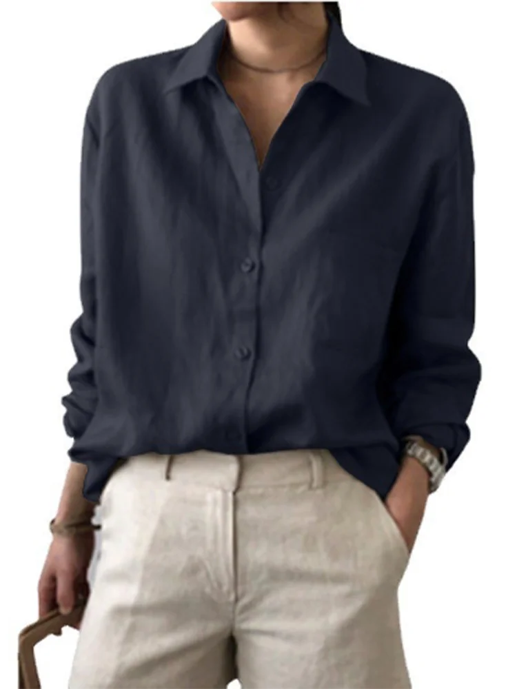 Classic Solid Color Shirt Women's Button Long Sleeve V Neck Blouse Elegant Spring Autumn Top