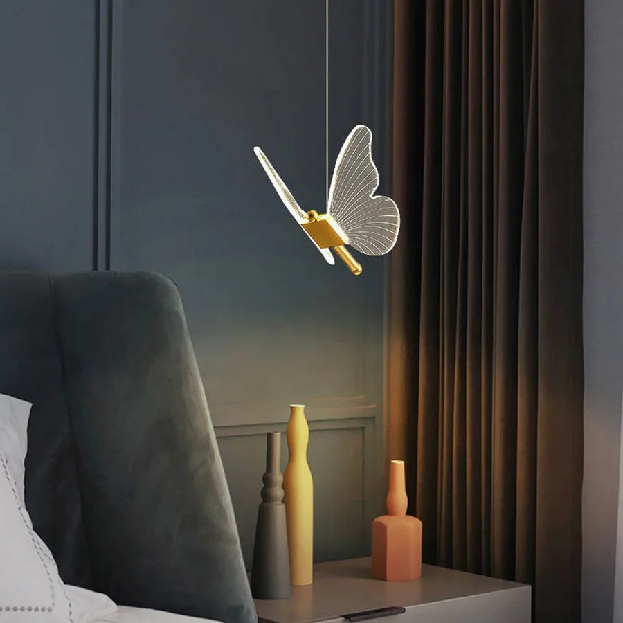 Butterfly LED Bedside Chandelier with Adjustable Length Modern and Minimalist Style Bedroom Lighting Restaurant Lighting 3000K
