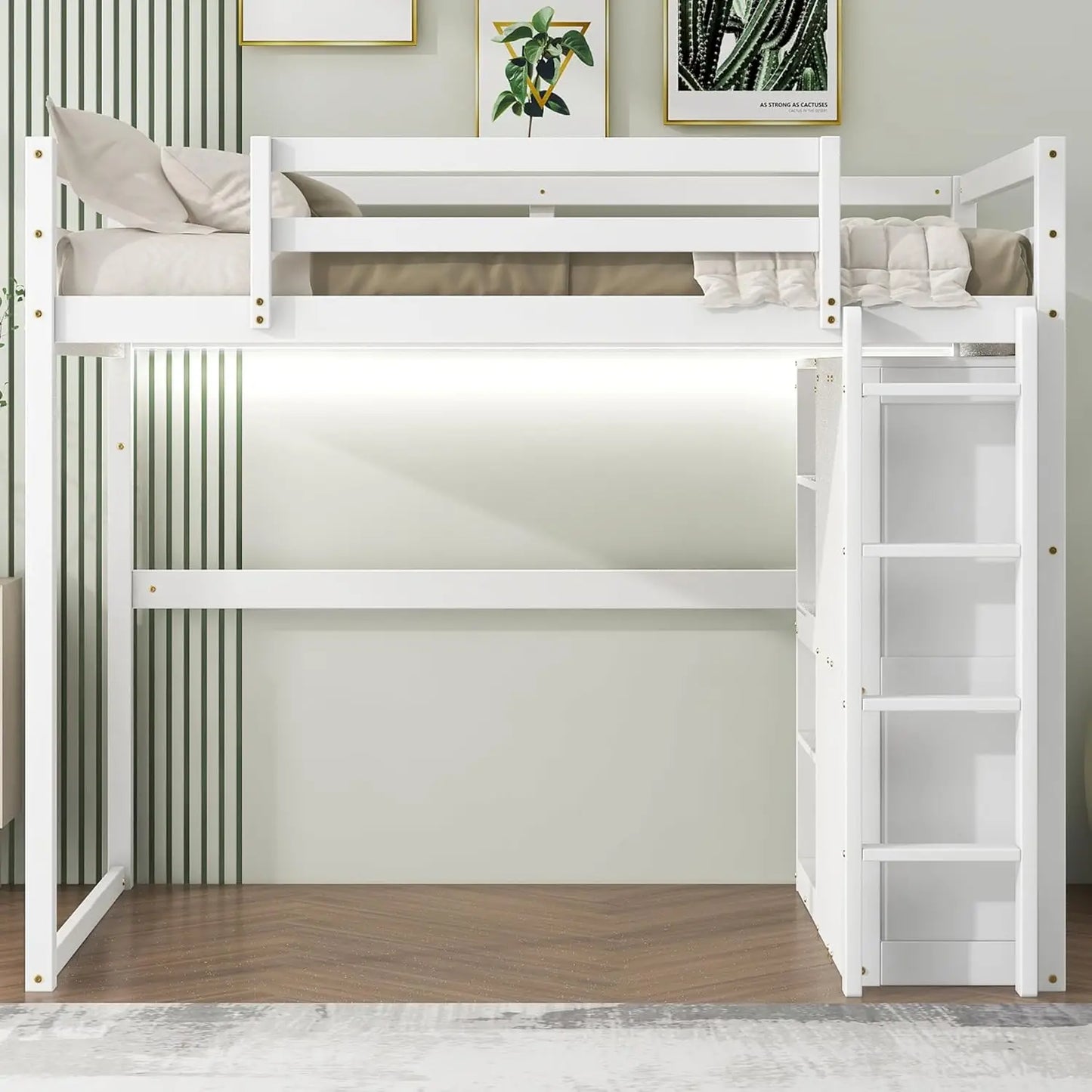 Loft Bed,Full Size Loft Bed with Storage Staircase and Hanger for Clothes, High Loft Bed Frame for Kids Teens Girls Boys Bedroom