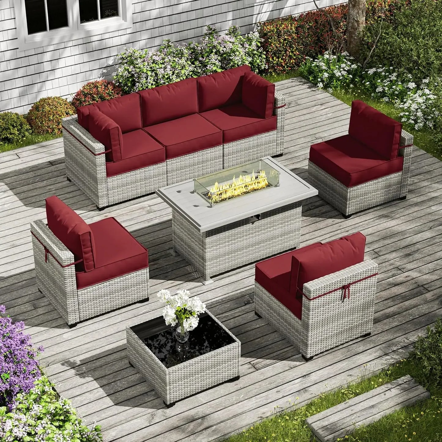 8-Piece Patio Furniture Set With Fire Pit Table, Seat Cushions Light Grey Outdoor Modular Wicker Conversation Set