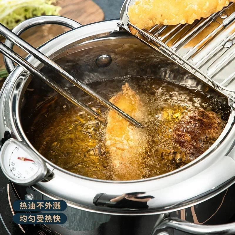 Japanese Deep Frying Pot with a Thermometer and a Lid 304 Stainless Steel Kitchen Tempura Fryer Pan 20 24 cm