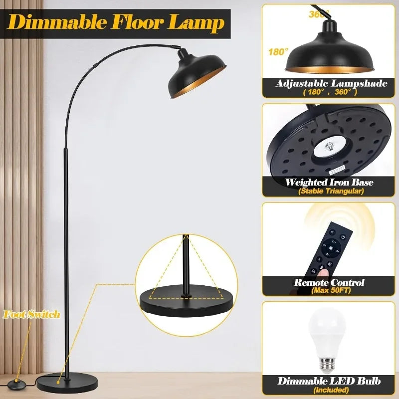 Arch Floor Lamps with Remote - Dimmable Floor Lamp 70”, Black Tall Lamp with 360° Adjustable Hanging Metal Shade, Arc Lamps