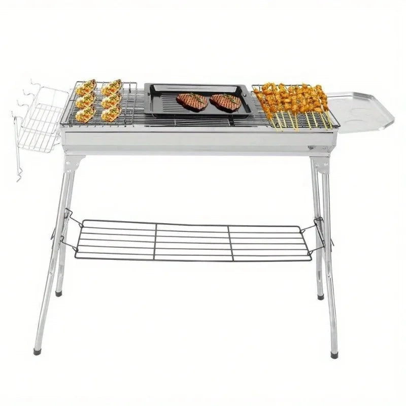 Portable Charcoal Grill, Stainless Steel with Foldable Stand Adjustable Vents, Garden Backyard Party Picnic Travel Outdoor Use