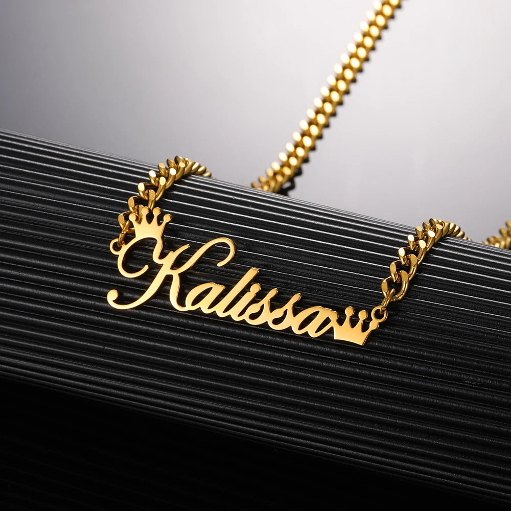 Custom Gold Color Crown Name Necklace Women Men Jewelry Stainless Steel Personalized Any Patterns Nameplate Necklace Best Gifts