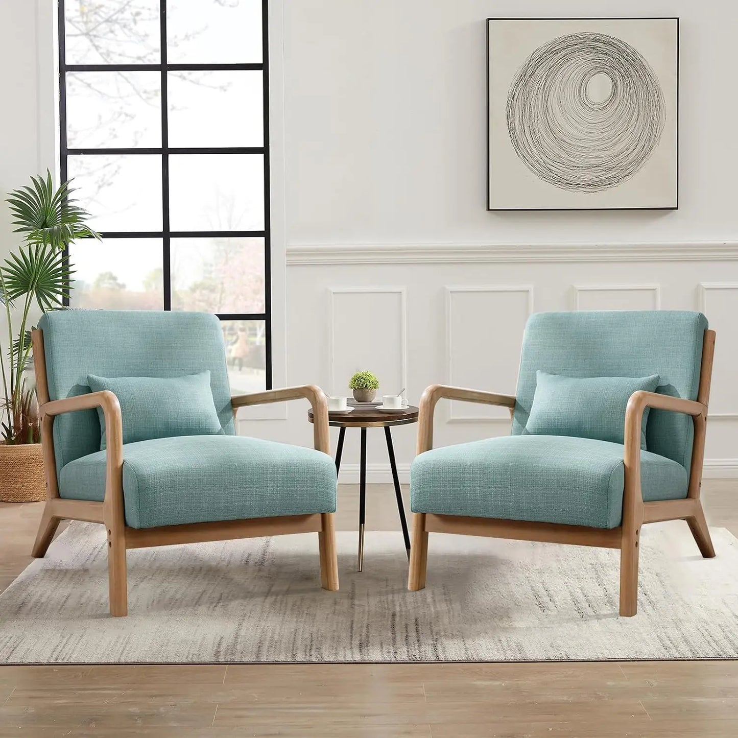 Mid Century Modern Accent Chairs Set of 2, Single Fabric Lounge Reading Armchair with Solid Wood Frame,Easy Assembly Arm Chairs