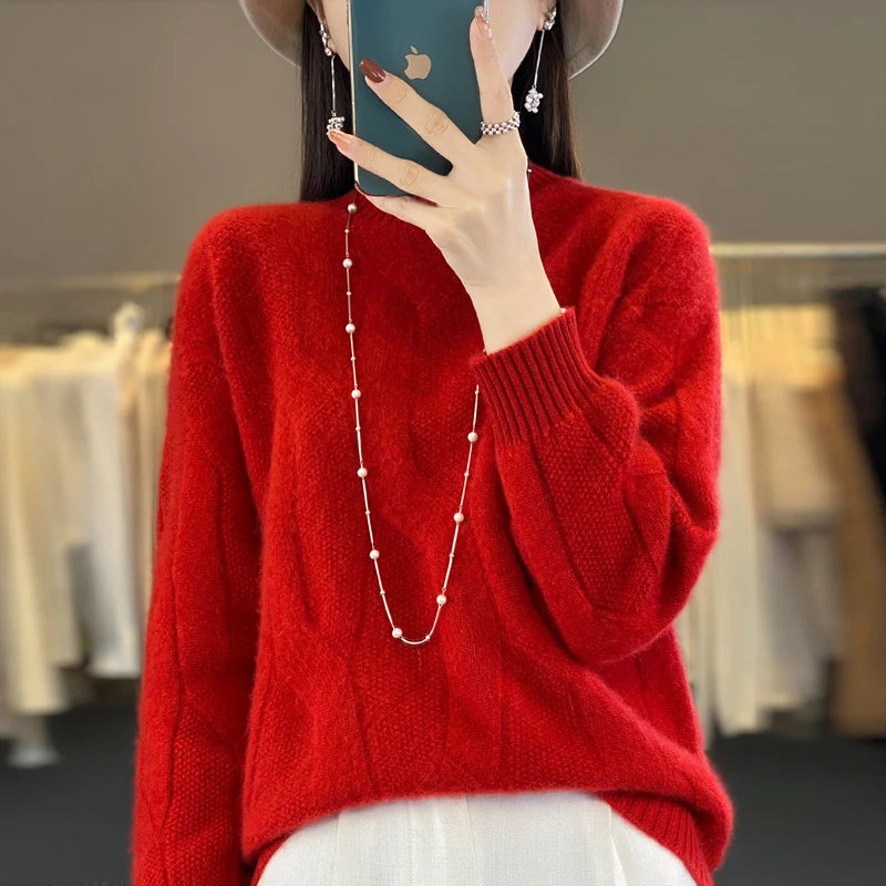 Women's pullovers fall/winter high-quality soft 100% merino wool sweater with half high neck and thick cashmere sweater top