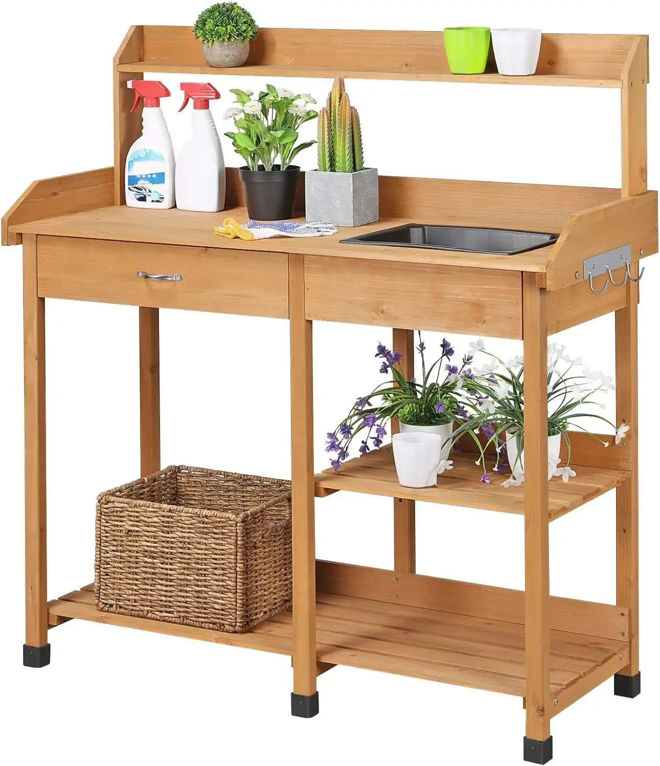 Potting Bench Outdoor Garden Work Bench Station Planting Solid Wood Construction for Horticulture W/Sink Drawer Rack Shelves