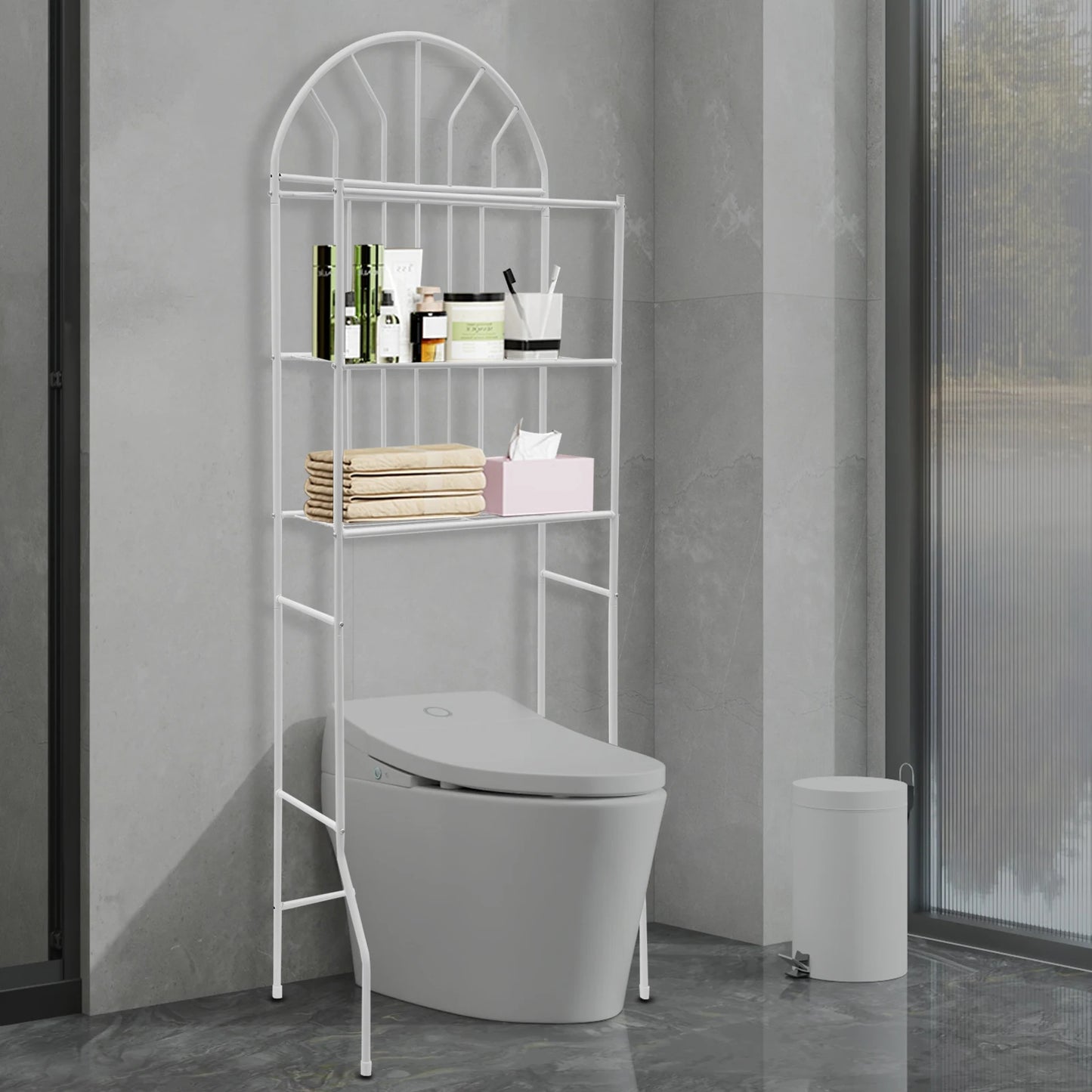 Bymaocar Modern White Three-layer Toilet Storage Rack Floor Standing W/ Non-slip Bottom For Bathrooms Balconies, Entrance Halls