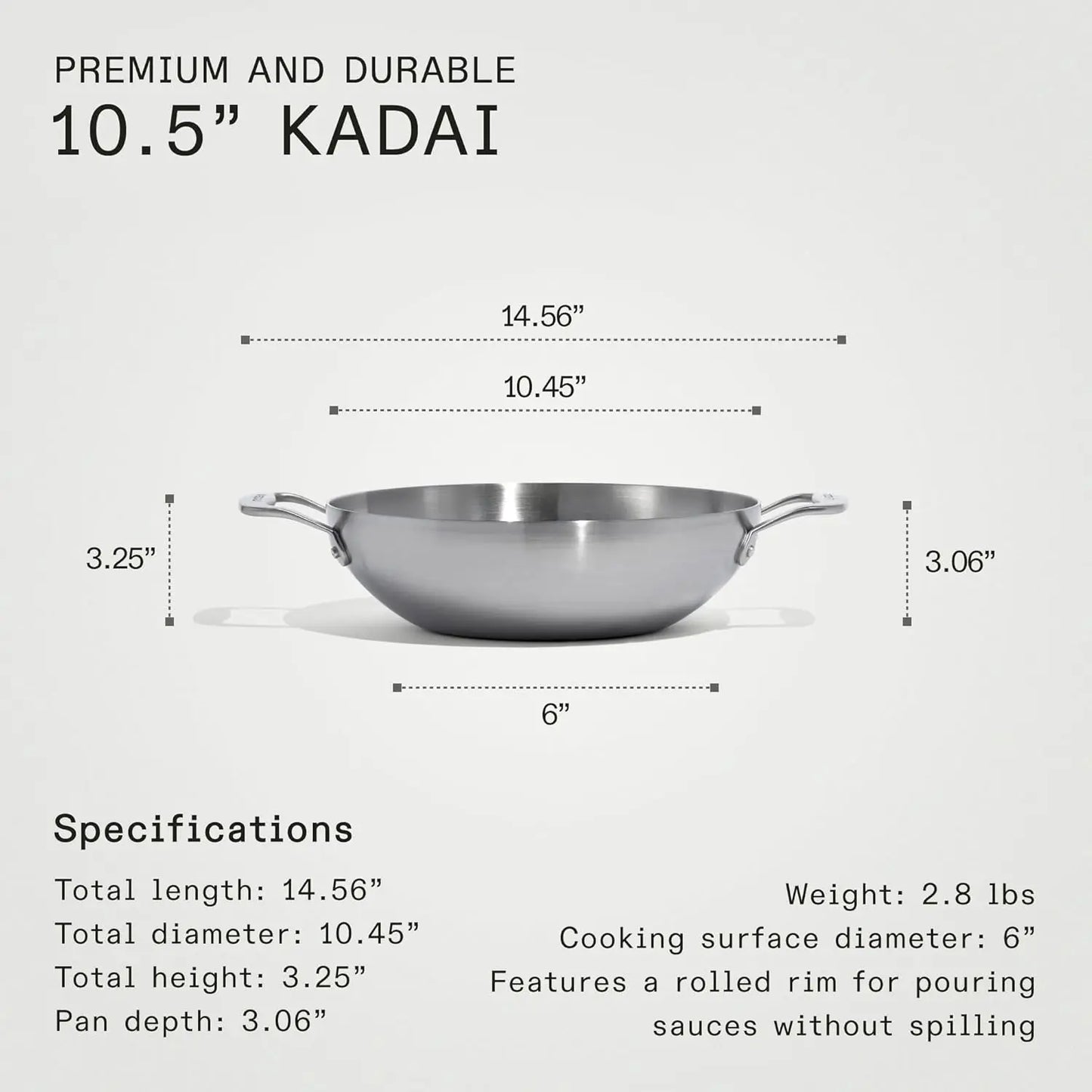 10" Stainless Steel Kadai Pan - 5 Ply Stainless Clad - Professional Cookware - Induction Compatible